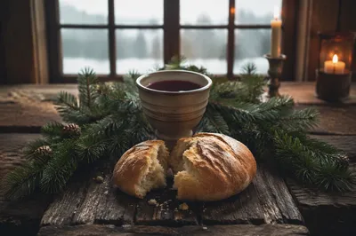 Evergreen Communion Bread and Wine Still Life