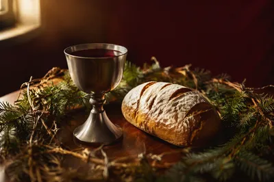 Evergreen Communion Bread and Wine Still Life