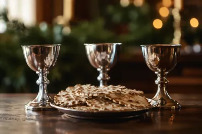 Evergreen Communion Bread and Silver Chalices