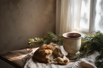 Rustic Evergreen Communion Bread and Wine