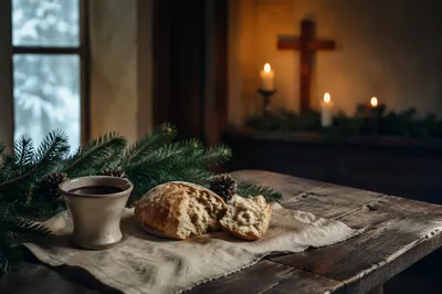 Rustic Communion Bread and Wine with Evergreen