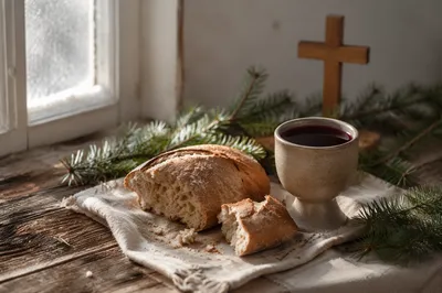 Evergreen Communion Bread and Wine Still Life