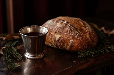 Evergreen Communion Bread and Wine Still Life