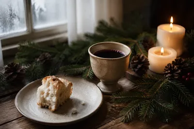 Evergreen Communion Bread and Wine Still Life