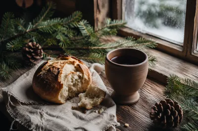 Evergreen Communion Bread and Wine Still Life