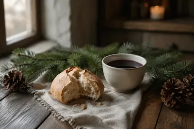 Evergreen Communion Bread and Wine Still Life