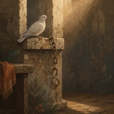 Dove Beside Broken Chains in Chapel Light