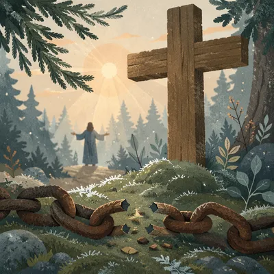 Broken Chains Beneath Evergreen Cross