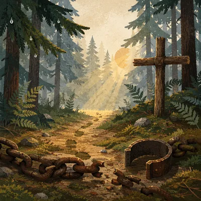 Broken Chains Beneath Evergreen Cross