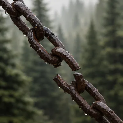 Broken Rusted Chain in Evergreen Forest