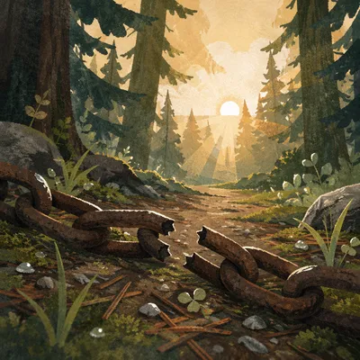Broken Chains on Forest Path at Sunrise