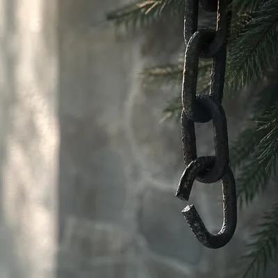 Broken Chain Beside Evergreen Pine Bough