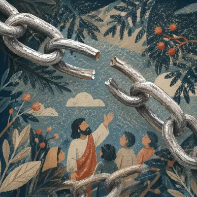 Broken Silver Chain Among Evergreen Branches