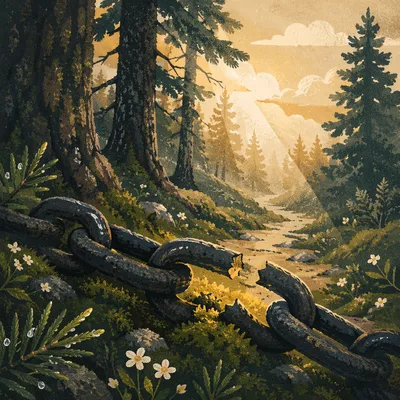 Broken Chains on Mossy Evergreen Path