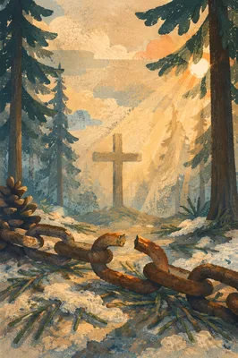 Broken Chains at Dawn in Evergreen Forest