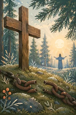 Broken Chains Beneath the Forest Cross