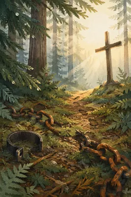Broken Chains Beside Evergreen Cross