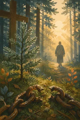 Broken Chains Beside Evergreen Cross