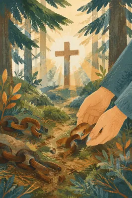 Broken Chains Beneath Evergreen Cross