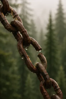Broken Rusted Chain in Evergreen Forest