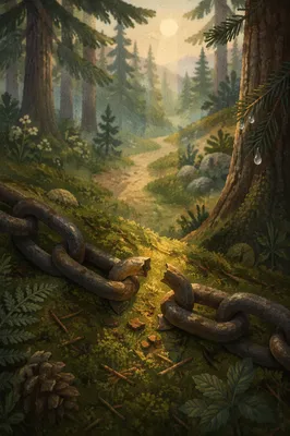 Broken Chain in Evergreen Forest Light