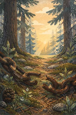 Broken Chains on Forest Path at Sunrise