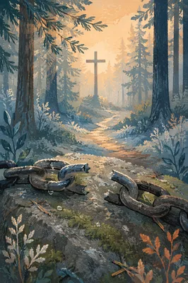 Broken Chains Beside Evergreen Forest Cross