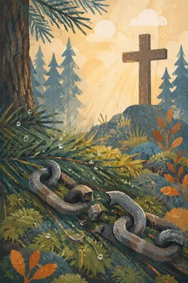 Broken Chains Beneath Evergreen Cross