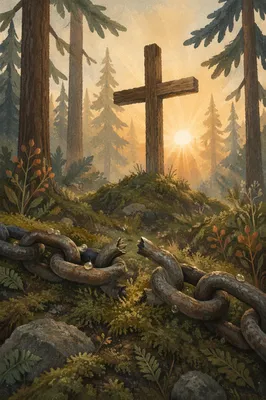 Broken Chains Beside Forest Cross