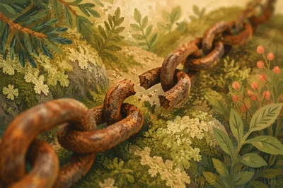 Broken Rusty Chain in Evergreen Moss