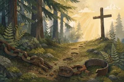 Broken Chains Beneath Evergreen Cross
