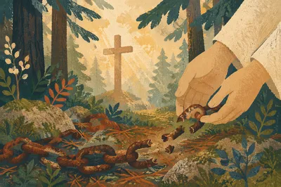 Broken Chains Beneath Evergreen Cross