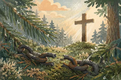 Broken Chains Beneath Evergreen Cross