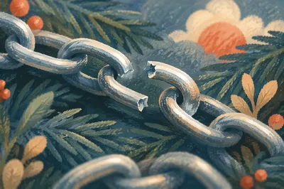 Broken Silver Chain Among Evergreen Branches