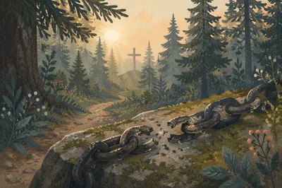 Broken Chains Beside Evergreen Forest Cross