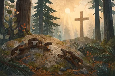 Broken Chains Beside Evergreen Forest Cross