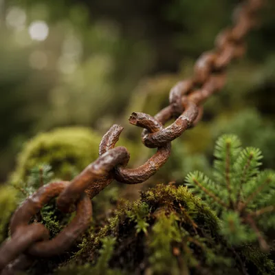 Broken Rusty Chain in Evergreen Woodland
