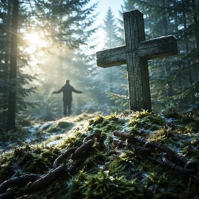 Broken Chains Beneath Forest Cross