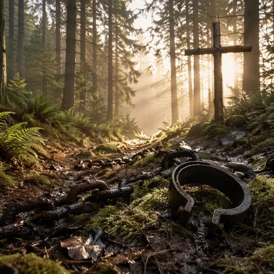 Broken Chains Beside Forest Cross