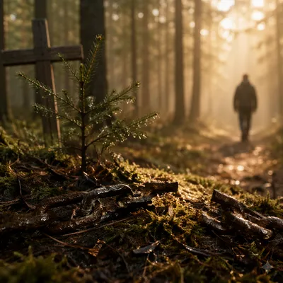 Broken Chains Beneath Evergreen Cross