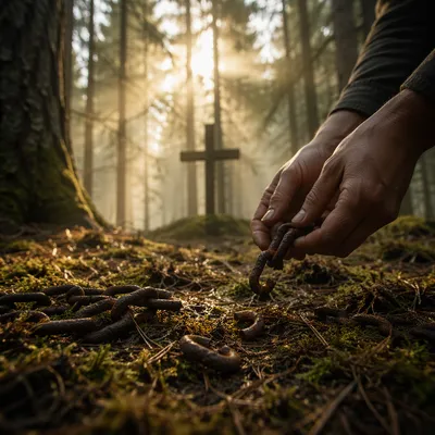 Broken Chains Beneath Evergreen Cross