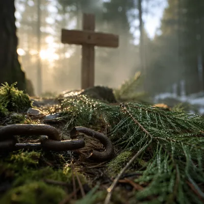 Broken Chains Before Evergreen Cross