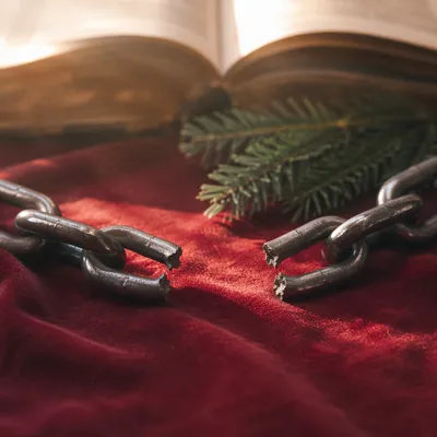 Broken Iron Chain on Crimson Fabric