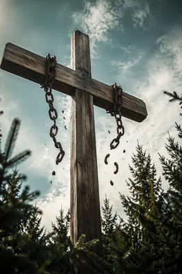 Broken Chains Falling From Forest Cross