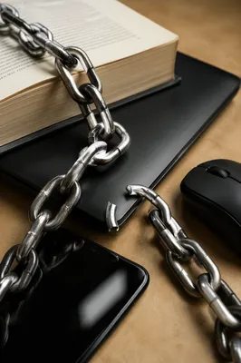 Broken Chains Over Devices Symbolizing Freedom