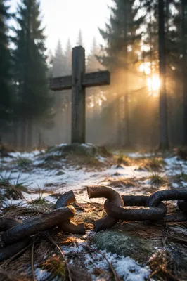 Broken Chains Beneath Evergreen Cross