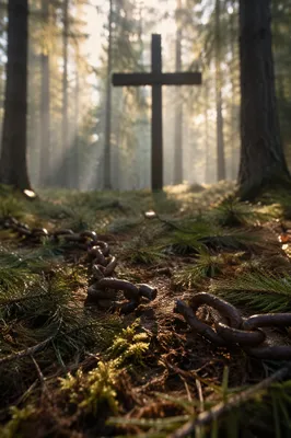 Broken Chains Beneath Evergreen Cross