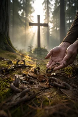 Broken Chains Beneath Evergreen Cross