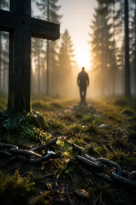 Broken Chains Beneath the Cross at Dawn