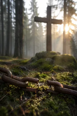 Broken Chains Beneath Evergreen Forest Cross